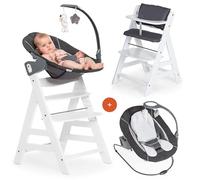 hauck Chaise Haute Bébé Alph avec Siège Nouveau-né Deluxe - White | Chaise haute évolutive en bois, de la naissance à 90 kg, inclus assise avec arche éveil bébé, coussin, idéal pour repas