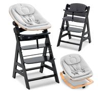 hauck Chaise Haute Bébé Alph avec Siège Nouveau-né Eco - Black | Chaise haute évolutive en bois, de la naissance à 90 kg, inclus assise bébé ergonomique, coussin et harnais