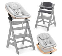 hauck Chaise Haute Bébé Alph avec Siège Nouveau-né Eco - Grey | Chaise haute évolutive en bois, de la naissance à 90 kg, inclus assise bébé ergonomique, coussin et harnais