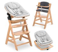 hauck Chaise Haute Bébé Alph avec Siège Nouveau-né Eco - Natural | Chaise haute évolutive en bois, de la naissance à 90 kg, inclus assise bébé ergonomique, coussin et harnais