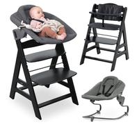 hauck Chaise Haute Bébé Alph avec Siège Nouveau-né Premium - Black | Chaise haute évolutive en bois, de la naissance à 90 kg, inclus assise bébé avec réducteur, coussin, idéal pour repas