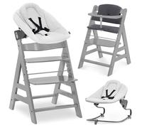 hauck Chaise Haute Bébé Alph avec Siège Nouveau-né Premium - Grey | Chaise haute évolutive en bois, de la naissance à 90 kg, inclus assise bébé avec réducteur, coussin, idéal pour repas
