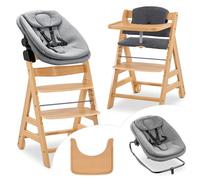 hauck Chaise Haute Bébé Alpha Move avec Siège Highchair Bouncer - Natural | Chaise haute évolutive en bois, de la naissance à 90 kg, inclus assise bébé, coussin, tablette repas, roulettes