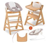 hauck Chaise Haute Bébé Alpha Move avec Siège Nouveau-né 2 en 1 - Natural | Chaise haute évolutive en bois, de la naissance à 90 kg, inclus assise bébé, coussin, plateau repas, roues
