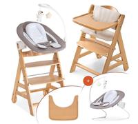 hauck Chaise Haute Bébé Alpha Move avec Siège Nouveau-né Deluxe - Natural | Chaise haute évolutive en bois, de la naissance à 90 kg, inclus assise avec arche éveil bébé, coussin, tablette repas, roues