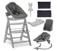 hauck Chaise Haute Bébé Alph XXL avec Siège Nouveau-né Premium - Grey | Chaise haute évolutive en bois, de la naissance à 90 kg, inclus assise bébé, harnais 5 points, plateau repas et réducteur