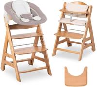 hauck Chaise Haute Bébé Bet avec Siège Nouveau-né 2 en 1 - Natural | Chaise haute évolutive en bois, de la naissance à 90 kg, inclus assise bébé, roues, plateau repas, coussin