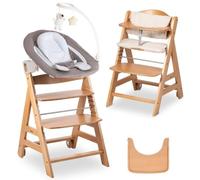 hauck Chaise Haute Bébé Bet avec Siège Nouveau-né Deluxe - Natural | Chaise haute évolutive en bois, de la naissance à 90 kg, inclus assise avec arche éveil bébé, roues, plateau repas, coussin