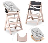 hauck Chaise Haute Bébé Bet avec Siège Nouveau-né Eco - Whitewashed | Chaise haute évolutive en bois, de la naissance à 90 kg, inclus assise bébé ergonomique, roues, plateau repas, coussin