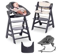hauck Chaise Haute Bébé Bet avec Siège Nouveau-né Premium - Dark Grey | Chaise haute évolutive en bois, de la naissance à 90 kg, inclus assise bébé, roues, plateau repas, coussin