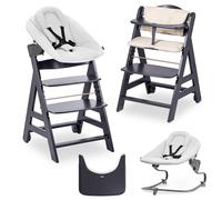 hauck Chaise Haute Bébé Bet avec Siège Nouveau-né Premium - Dark Grey | Chaise haute évolutive en bois, de la naissance à 90 kg, inclus assise bébé, roues, plateau repas, coussin