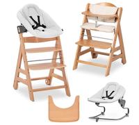 hauck Chaise Haute Bébé Bet avec Siège Nouveau-né Premium - Natural | Chaise haute évolutive en bois, de la naissance à 90 kg, inclus assise bébé, roues, plateau repas, coussin