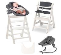 hauck Chaise Haute Bébé Bet avec Siège Nouveau-né Premium - White | Chaise haute évolutive en bois, de la naissance à 90 kg, inclus assise bébé, roues, plateau repas, coussin