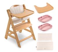 hauck Chaise Haute Bébé Évolutive Alpha Move, Coussin Beige et 2 Assiettes | Chaise haute bois jusqu'à 90 kg avec coussin, 2 assiettes silicone, tablette repas, harnais 5 points, roulettes, dès 6 mois