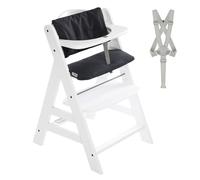 hauck Chaise Haute Bébé Evolutive Alpha Plus en Bois - Avec Coussin d'Assise, Barre de Sécurité, Harnais 5 Points, Sangle d'Entrejambe, dès 6 Mois - Blanc Coussin Charbon
