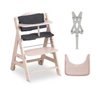 hauck Chaise Haute Bébé Evolutive Beta+ en Bois 6 Mois à 90 kg - Avec Roulettes, Coussin, Plateau Repas, Arceau de Sécurité, Harnais 5 Points et Sangle d’Entrejambe - Bois Blanchi