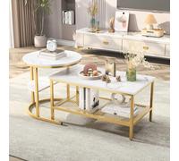 Hauptrolle Lot de 2 tables basses rondes et rectangulaires avec espace de rangement, table de canapé moderne, aspect marbre avec cadre en métal et étagère, table basse pour salle de réception, balcon