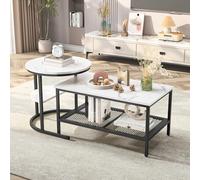 Hauptrolle Lot de 2 tables basses rondes et rectangulaires avec espace de rangement, table de canapé moderne, aspect marbre avec cadre en métal et étagère, table basse pour salle de réception, balcon