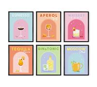 HAUS AND HUES Lot de 6 affiches pastel danoises esthétiques colorées, thème bar et cocktails, décoration décalée pour dortoir étudiant, sans cadre, 20,3 x 25,4 cm