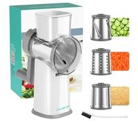 HAUSHOF Râpe à Fromage Rotative Manuelle Multifonction | 3 Tambours Interchangeables en Acier Inoxydable, Râpe à Légumes avec Base à Ventouse pour Fromage, Légumes, Chocolat et Noix