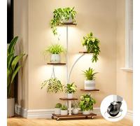 HAUSPROFI Support pour plantes avec lumière de croissance - 6 niveaux - 125 cm - En métal et bois - Étagère à plantes - Pour l'intérieur et l'extérieur - Blanc - Étagère à fleurs décorative pour