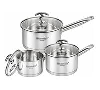 HAUSSMANN HERITAGE Batterie de Cuisine - Set de 3 Casseroles Professionnelles Inox 16/18/20 cm - Induction + Couvercles Verre