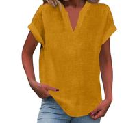 Haut Femme Chic Et Elegant Lin Coton Tee Shirt Femme Chic Et Élégant Fluide Blouse Couleur Uni Grande Taille Manche Courte Vetement Ete Tshirt Col V Classics Chemisier(Safran,L)