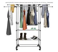 HAUTE QUALITÉ!!! Portant à vêtements triple double tige rétractable à roulettes L 90-144 x 42 x 70-150 cm - DINGXIANG