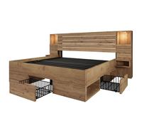 HAVRYA Lit Double 180x200 cm - Lit Adulte avec Rangement - Éclairage LED et Table de Chevet Suspendue - Sans Matelas - Bois - Chêne