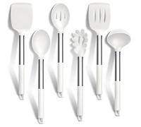 HaWare Lot de 6 ustensiles de cuisine en silicone blanc avec louche, spatule, cuillère à pâtes, ustensiles de cuisine résistants à la chaleur avec poignée en acier inoxydable, anti-adhésifs,