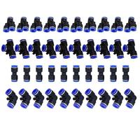 HAXIHA 40 Pièces 1/4" Connecteur Pneumatique, OD 6mm Raccord Rapide Air Comprimé,10 Straight 10 Coudes 10 Té 10 Séparateurs Bleu