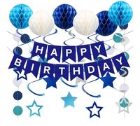 HAYGEM 57 Pièces Banderole Joyeux Anniversaire Boule en Nid D'abeille, Bleu Ballons Anniversaire, Happy Birthday Decoration, Décorations pour Photos D'anniversaire pour Filles et Garçons