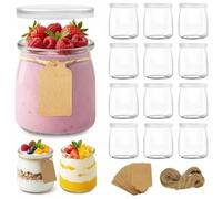 Hbazzor 200ml pot yaourt en verre avec couvercle -12 pièces petit pots en Verres à dessert transparents avec couvercle pour pudding, desserts, yaourt maison,sans BPA