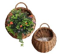 Hbbgdiy Lot de 2 paniers Suspendus en Osier avec poignée, jardinière de Porte d'entrée en rotin avec Doublure en Plastique, récipient décoratif Mural pour Jardin, Balcon et Porche