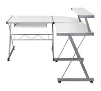 HBBMGYD Bureau d'angle Blanc 132x112x99 cm en Bois Composite avec Étagère | Design en L fonctionnel, étagère modulable, plateau clavier coulissant, montage facile avec manuel inclus