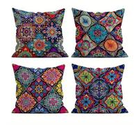 Heaen Housse Coussin Exterieur Impermeable 65x65 cm Lot de 4 Mandala Tartan Lin Taie d'oreiller Carré Housse de Coussin Exterieur Impermeable pour Salon de Jardin