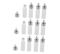 Healeved Lot de 12 Pendentifs Flacons D'huiles Essentielles en Verre Transparent 35x11 Mm, Bouchon Acrylique Argenté, Porte-clés Pratiques, pour Aromathérapie, Voyage et Décoration