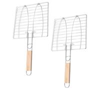 Healeved Lot de 2 Paniers à Poisson pour Barbecue en Fil de Fer Poignée Anti-brûlure en Bois, Facile à Utiliser, pour Barbecue Quotidien et Camping en Plein Air