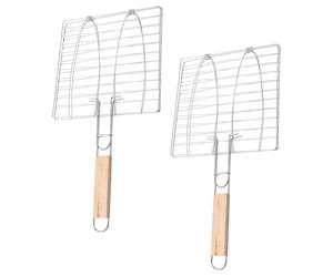 Healeved Lot de 2 Paniers à Poisson pour Barbecue en Fil de Fer Surface Lisse, Poignée en Bois, pour Barbecue à Domicile et Camping en Plein Air