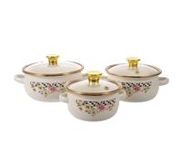 Healeved Lot de 3 mini-marmites en émail : Marmite à soupe à double poignée avec couvercle en verre - 16 cm / 14 cm / 12 cm - Revêtement antiadhésif à motif floral - Idéale pour la cuisson du