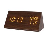 HEANUJJ Réveil Électrique Triangulaire en Bois MDF Marron Affichage LED Clair, Température et Humidité, Design Moderne Minimaliste pour Chambre