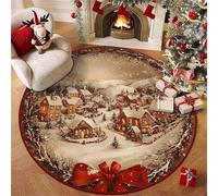 Hearda Tapis Rond de Imprimé Style Noël, 50-120cm Tapis Chambre avec Bords Cousus, Antidérapant Doux Rugs Chambre, Lavable Rug de Salon, pour Bureau L'intérieur (Village,100cm)