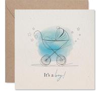Heartfelt Carte de naissance pour nouveau-né - Oh Boy, What a Debut - Landau esquissé à la main et étoiles bleues aquarelle - Moyen doux d'envoyer vos vœux les plus chaleureux - Carré de 145 mm