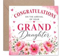 Heartfelt Carte de naissance pour petite-fille - A Joyful Welcome - Motif floral aquarelle rose et cœurs avec accents dorés - Carré de 145 mm, enveloppe incluse