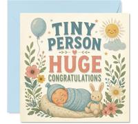 Heartfelt Carte de naissance - Tiny Bundle, Massive Joy - Bébé endormi et lapin parmi des fleurs douces, soleil et ballon - Carré de 145 mm, enveloppe incluse