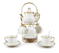 Hebaogugu Service à thé 20 pièces avec théière Blanc français | Service à thé en porcelaine pour adultes avec théière, tasses et soucoupes, cuillères, support en métal