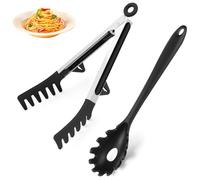HEBEILF Ensemble cuillère à spaghetti et pince à pâtes en silicone amélioré - Fourchette à pâtes robuste avec dents, cuillère à nouilles et pince multifonction pour cuisiner et servir