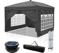 Hebitod Pavillon pliable Pavillons & Tentes de fête 3x3m, Chapiteau de jardin pour jardin terrasse fête, étanche à l'eau avec fenêtres et éclairage solaire LED gris