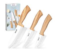 hecef 3 Couteaux de Cuisine en Céramique avec Étuis, Effet Bois d'Olivier | Couteau céramique ultra tranchants avec couteau de chef, universel et d'office, légers et parfaits pour fruits et légumes