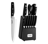 hecef Bloc de Couteaux de Cuisine 14 Pièces, Aiguiseur, Ciseaux, Noir | Set de Couteaux avec Bloc Bois Noir, Lames Inox Tranchantes, Manches Antidérapants, Couteaux à Steak et Ustensiles
